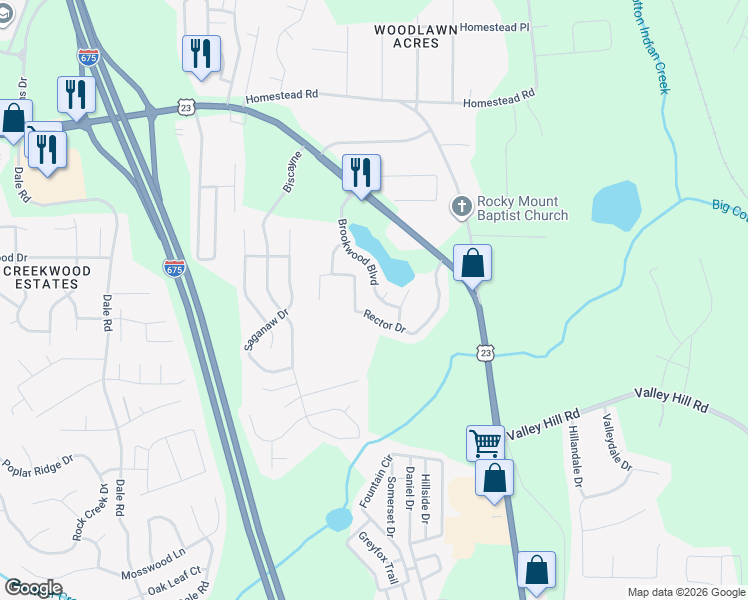 map of restaurants, bars, coffee shops, grocery stores, and more near 3789 Brookwood Boulevard in Rex