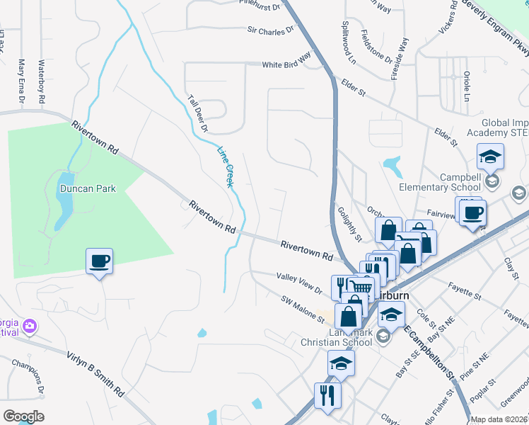 map of restaurants, bars, coffee shops, grocery stores, and more near 116 Wood Way in Fairburn