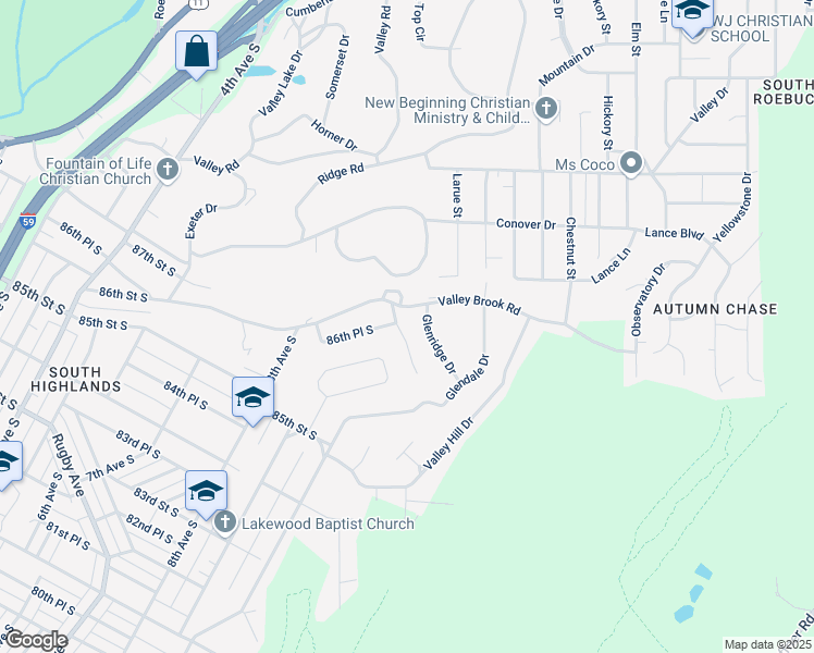 map of restaurants, bars, coffee shops, grocery stores, and more near 881 Glenvalley Drive in Birmingham