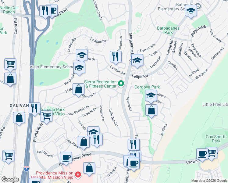 map of restaurants, bars, coffee shops, grocery stores, and more near 26932 La Sierra Drive in Mission Viejo