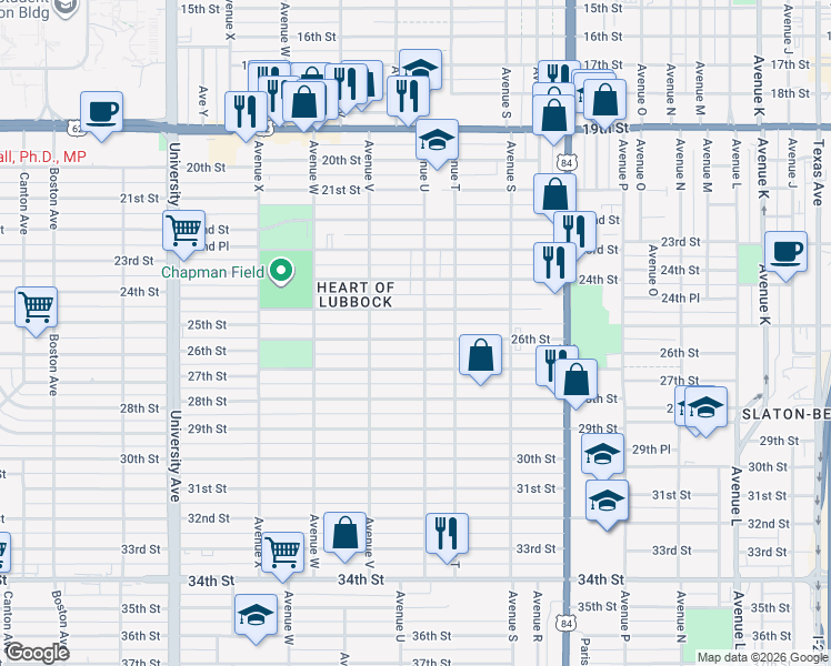 map of restaurants, bars, coffee shops, grocery stores, and more near 2507 Avenue U in Lubbock