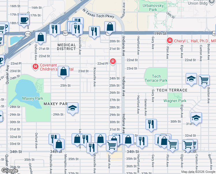map of restaurants, bars, coffee shops, grocery stores, and more near 3501 25th Street in Lubbock
