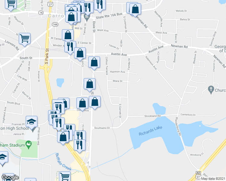 map of restaurants, bars, coffee shops, grocery stores, and more near 111 Southside Avenue in Carrollton