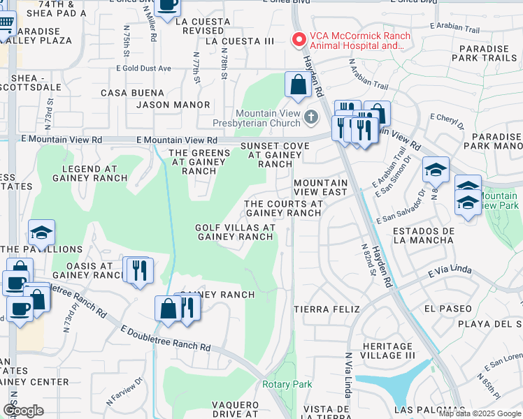 map of restaurants, bars, coffee shops, grocery stores, and more near 7720 East Gainey Ranch Road in Scottsdale