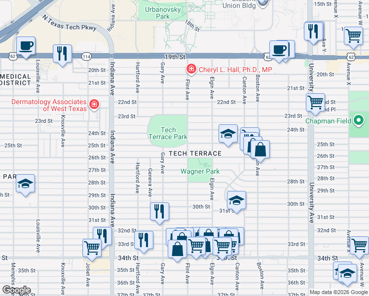 map of restaurants, bars, coffee shops, grocery stores, and more near 3101 25th Street in Lubbock