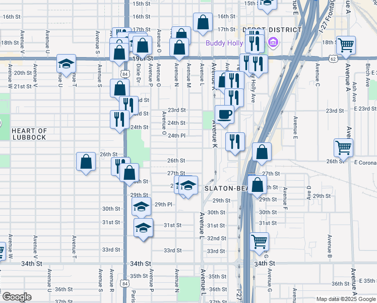 map of restaurants, bars, coffee shops, grocery stores, and more near 1318 25th Street in Lubbock