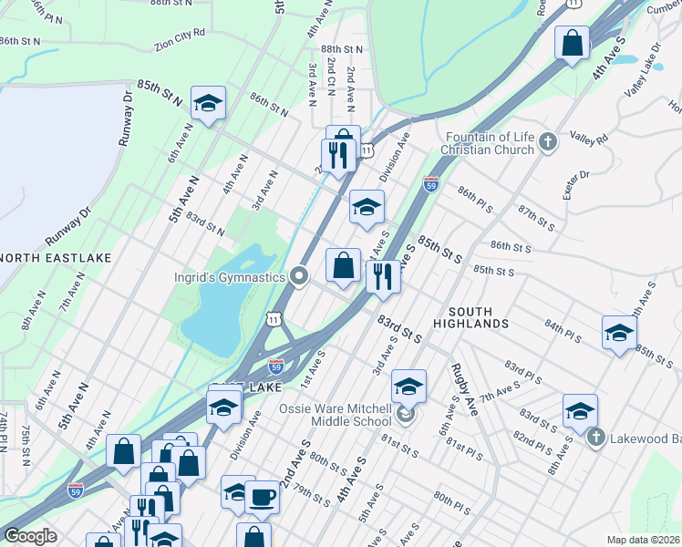 map of restaurants, bars, coffee shops, grocery stores, and more near 8321 Division Avenue in Birmingham