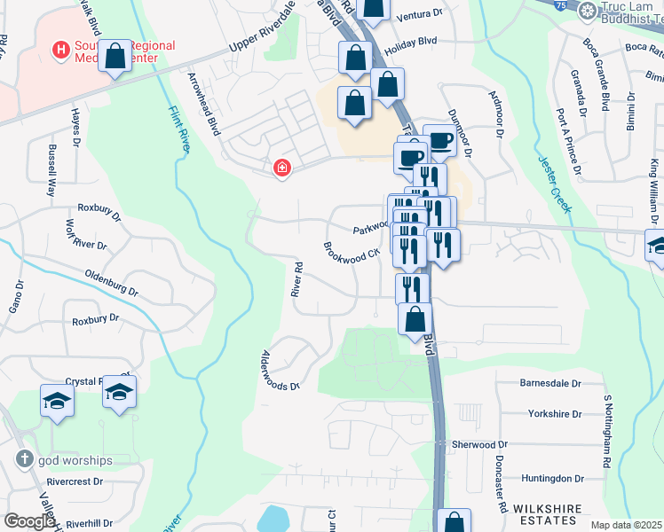map of restaurants, bars, coffee shops, grocery stores, and more near 6700 Brookwood Circle in Jonesboro
