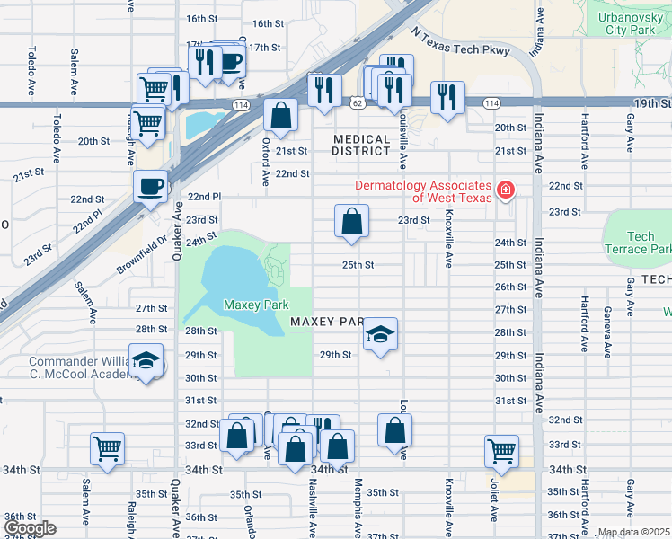 map of restaurants, bars, coffee shops, grocery stores, and more near 3818 25th Street in Lubbock