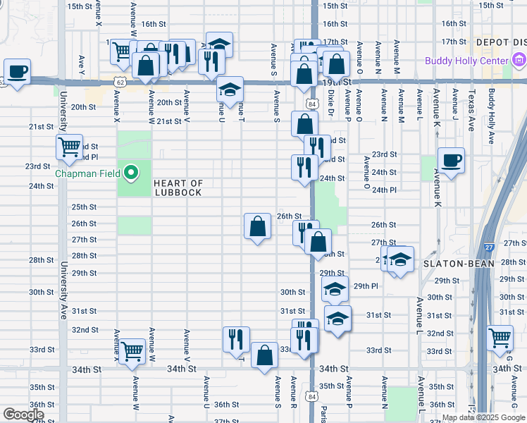 map of restaurants, bars, coffee shops, grocery stores, and more near 1910 26th Street in Lubbock