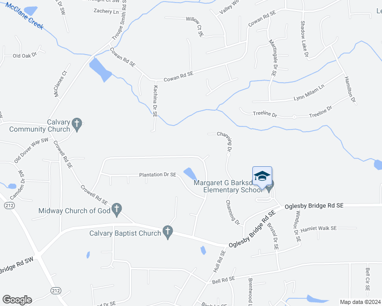 map of restaurants, bars, coffee shops, grocery stores, and more near 1054 Plantation Boulevard Southeast in Conyers