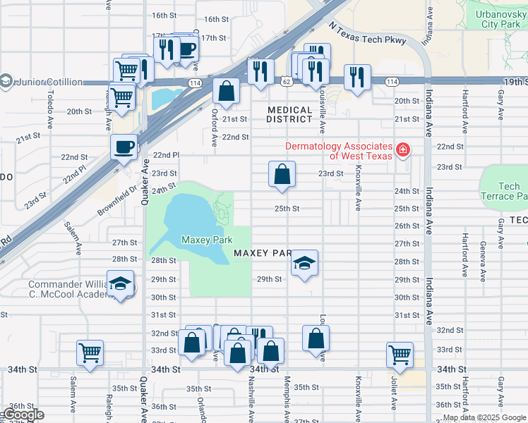 map of restaurants, bars, coffee shops, grocery stores, and more near 3818 25th Street in Lubbock