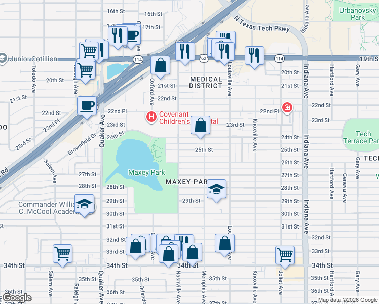 map of restaurants, bars, coffee shops, grocery stores, and more near 3818 25th Street in Lubbock