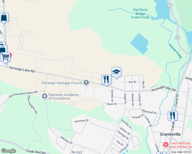 map of restaurants, bars, coffee shops, grocery stores, and more near 255 Ascauga Lake Road in Graniteville