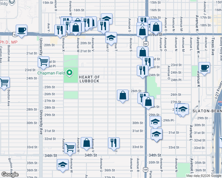 map of restaurants, bars, coffee shops, grocery stores, and more near 2507 Avenue U in Lubbock