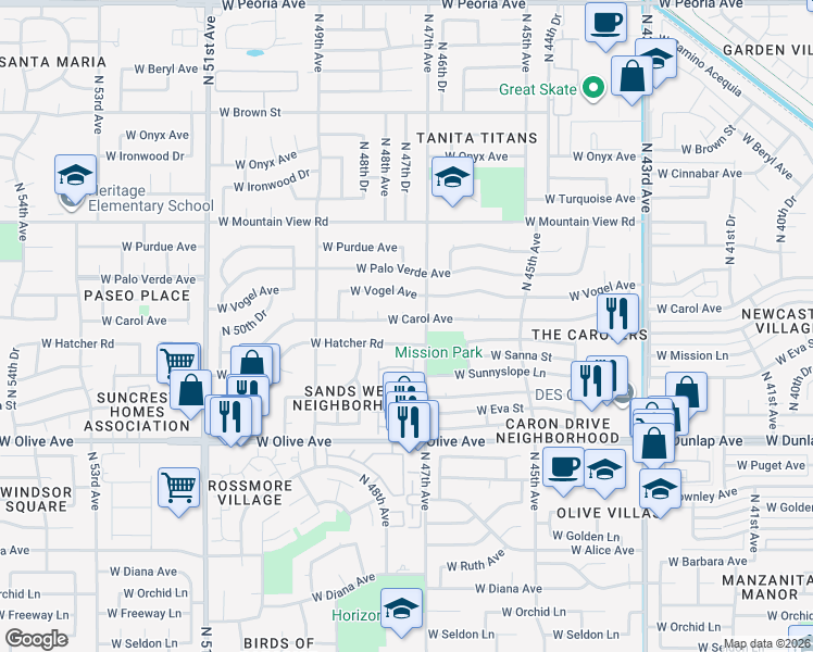 map of restaurants, bars, coffee shops, grocery stores, and more near 4713 West Carol Avenue in Glendale