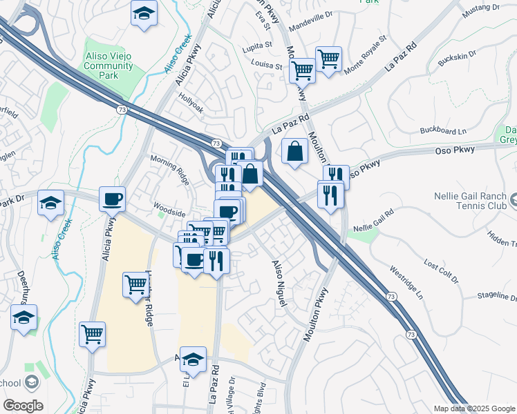 map of restaurants, bars, coffee shops, grocery stores, and more near 26932 La Paz Road in Aliso Viejo