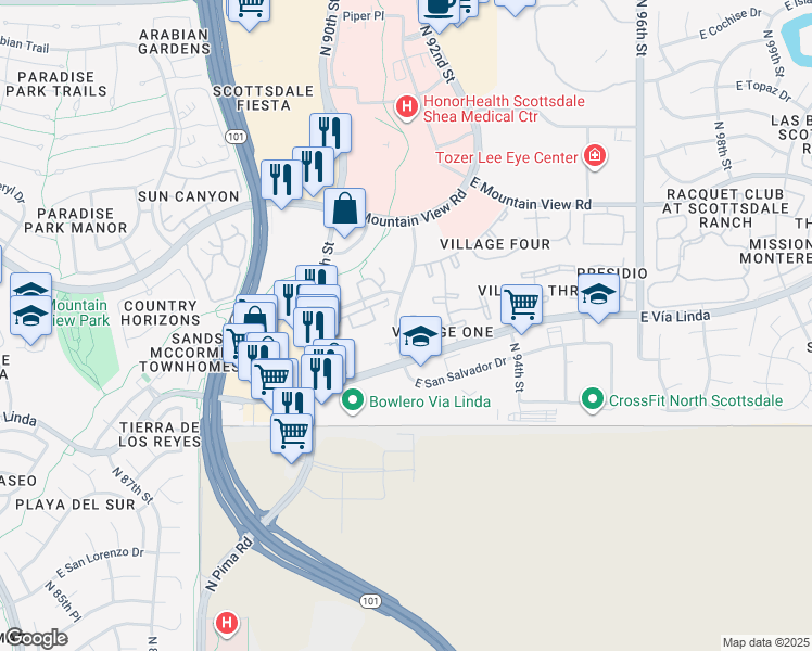 map of restaurants, bars, coffee shops, grocery stores, and more near 9355 North 91st Street in Scottsdale