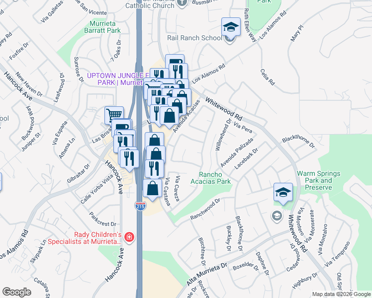 map of restaurants, bars, coffee shops, grocery stores, and more near 39272 Corte Santa Barbara in Murrieta