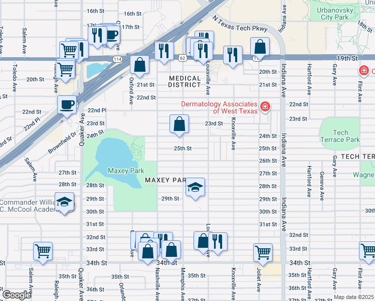 map of restaurants, bars, coffee shops, grocery stores, and more near 3802 25th Street in Lubbock