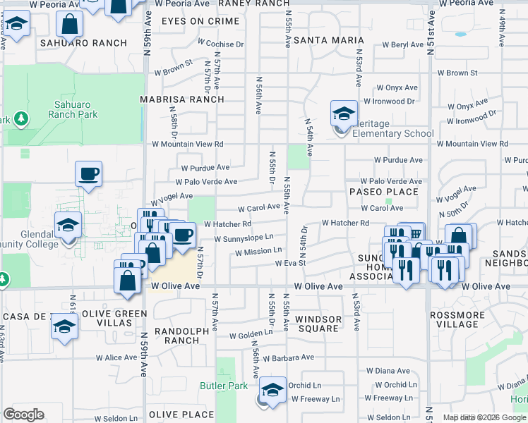 map of restaurants, bars, coffee shops, grocery stores, and more near 5503 West Carol Avenue in Glendale