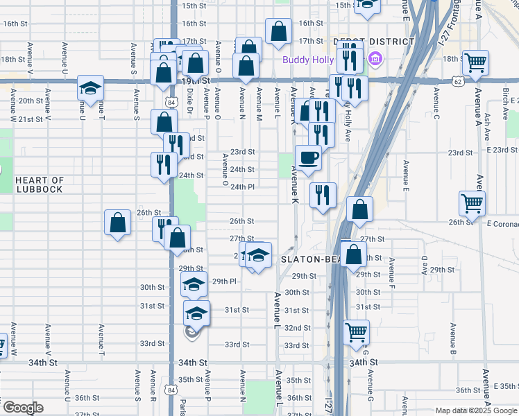 map of restaurants, bars, coffee shops, grocery stores, and more near 1318 25th Street in Lubbock