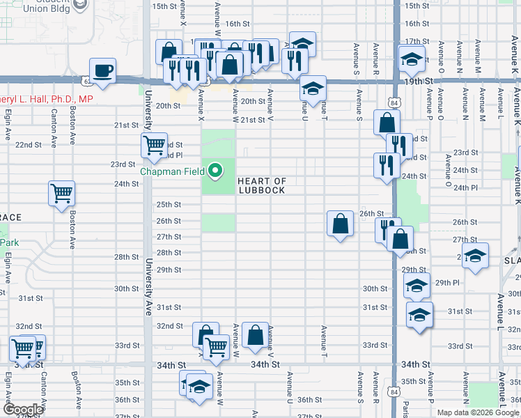 map of restaurants, bars, coffee shops, grocery stores, and more near 2208 26th Street in Lubbock