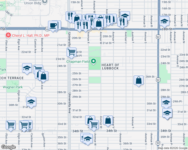 map of restaurants, bars, coffee shops, grocery stores, and more near 2313 25th Street in Lubbock