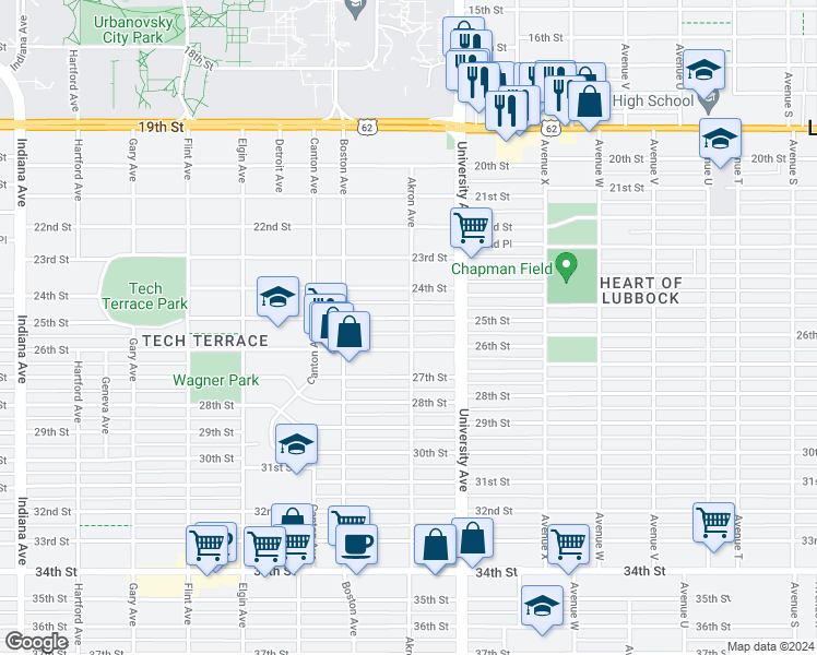 map of restaurants, bars, coffee shops, grocery stores, and more near 2521 25th Street in Lubbock