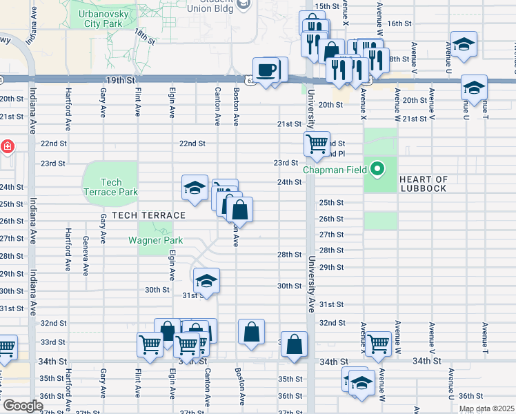 map of restaurants, bars, coffee shops, grocery stores, and more near 2617 25th Street in Lubbock