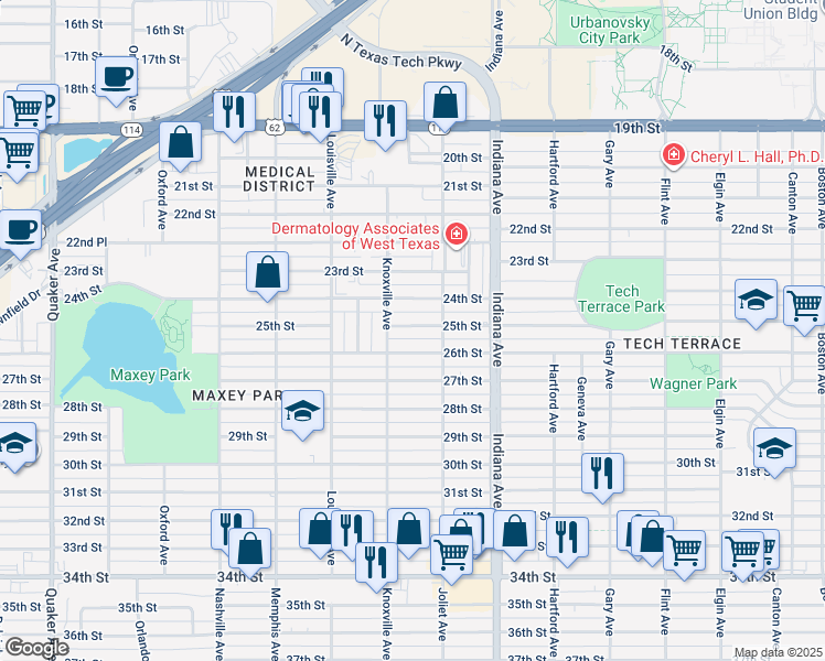 map of restaurants, bars, coffee shops, grocery stores, and more near 3506 25th Street in Lubbock