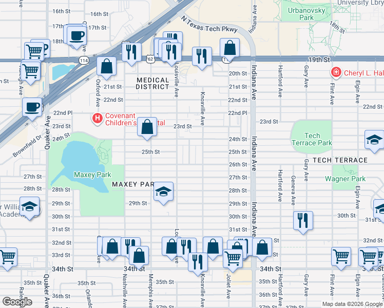 map of restaurants, bars, coffee shops, grocery stores, and more near 2504 Kenosha Avenue in Lubbock