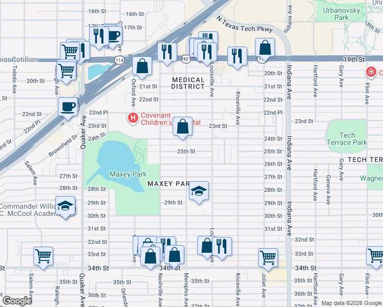 map of restaurants, bars, coffee shops, grocery stores, and more near 3802 25th Street in Lubbock
