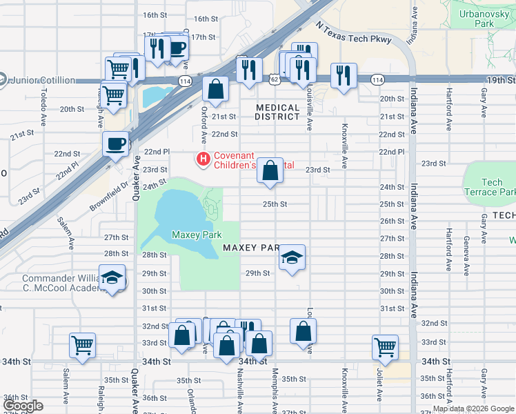 map of restaurants, bars, coffee shops, grocery stores, and more near 3818 25th Street in Lubbock