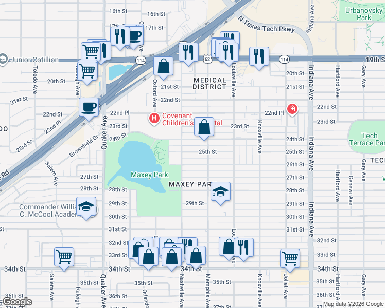 map of restaurants, bars, coffee shops, grocery stores, and more near 3818 25th Street in Lubbock