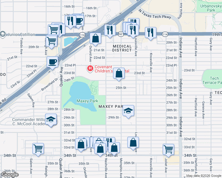 map of restaurants, bars, coffee shops, grocery stores, and more near 3818 25th Street in Lubbock
