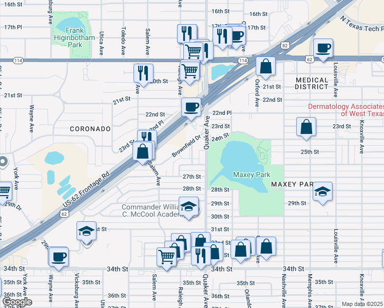 map of restaurants, bars, coffee shops, grocery stores, and more near 4501 Brownfield Drive in Lubbock