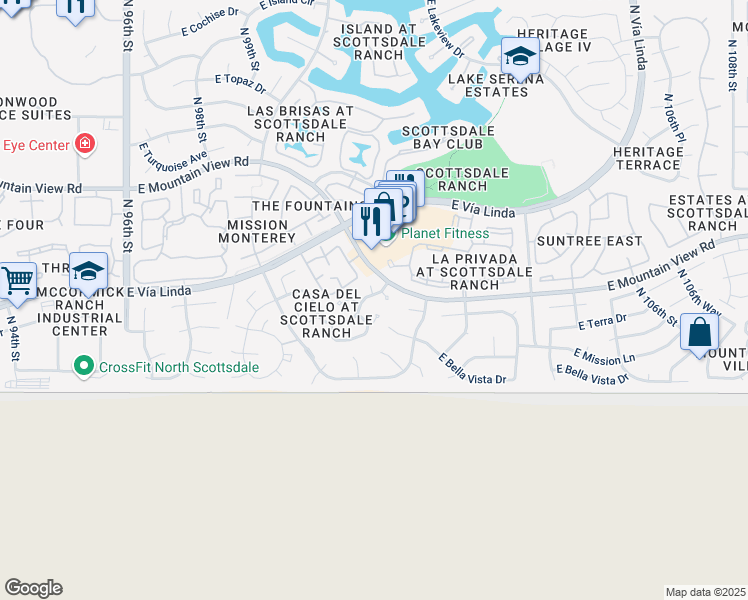 map of restaurants, bars, coffee shops, grocery stores, and more near 9215 North 101st Street in Scottsdale
