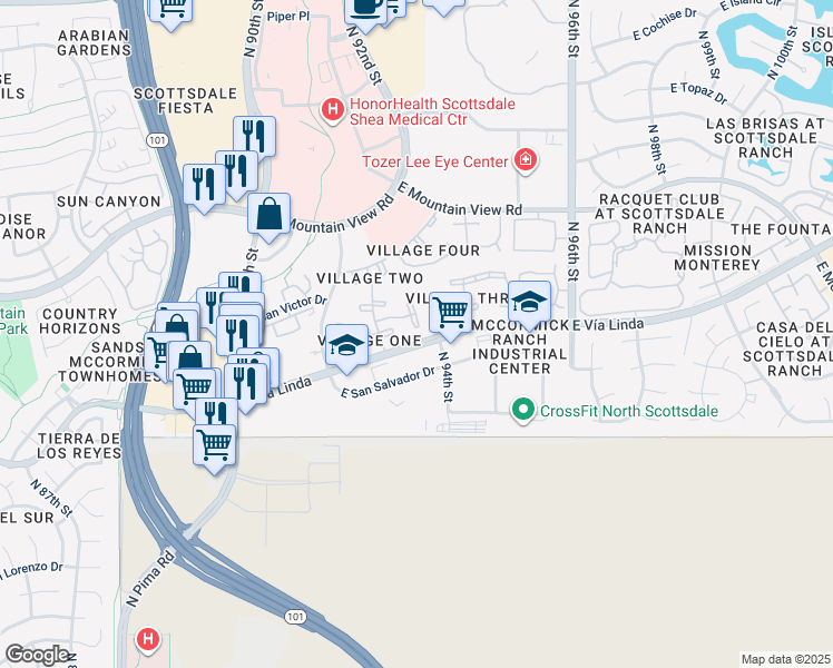 map of restaurants, bars, coffee shops, grocery stores, and more near 9345 North 92nd Street in Scottsdale