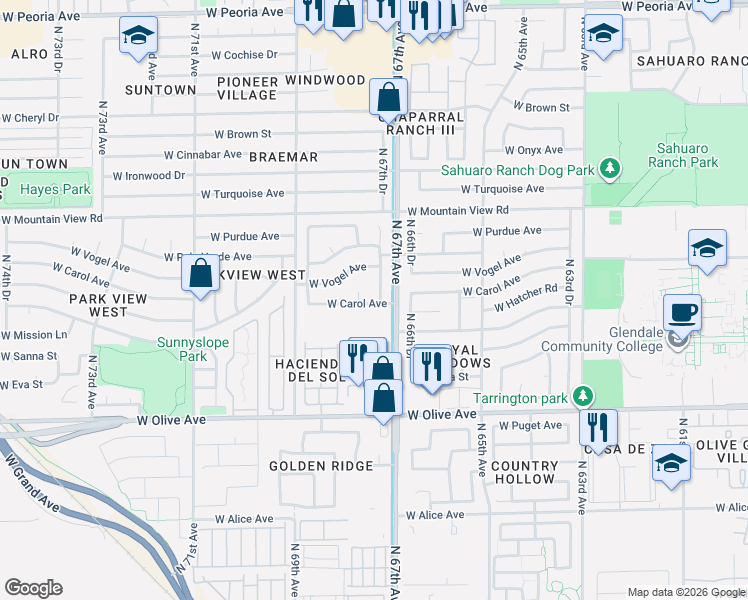 map of restaurants, bars, coffee shops, grocery stores, and more near 9502 North 67th Lane in Peoria