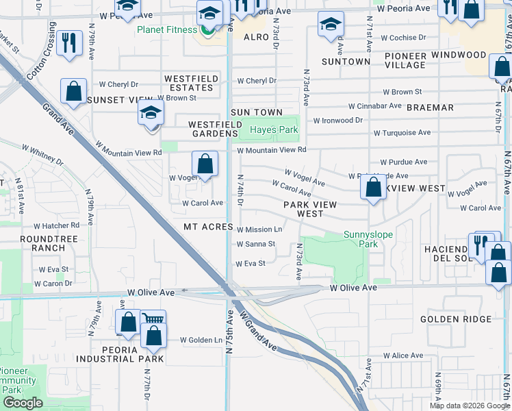 map of restaurants, bars, coffee shops, grocery stores, and more near 7407 West Hatcher Road in Peoria