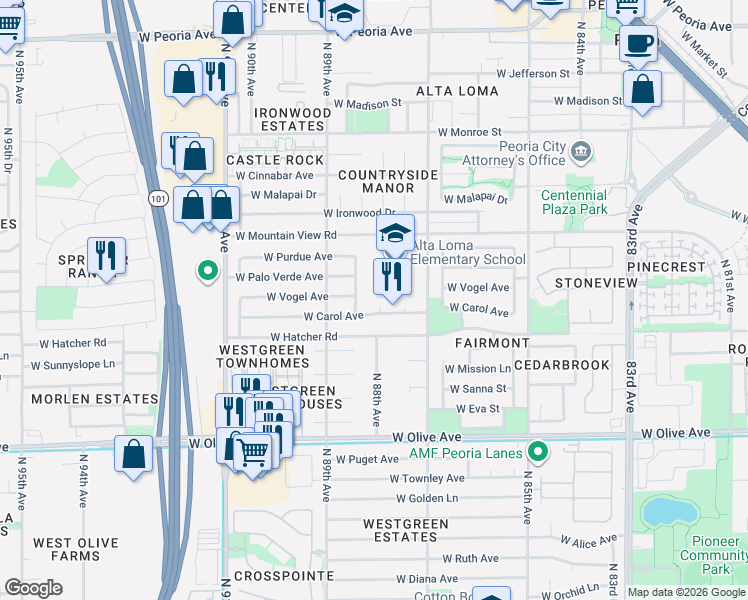map of restaurants, bars, coffee shops, grocery stores, and more near 8740 West Carol Avenue in Peoria