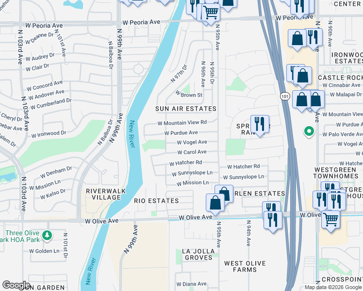 map of restaurants, bars, coffee shops, grocery stores, and more near 9662 West Vogel Avenue in Peoria