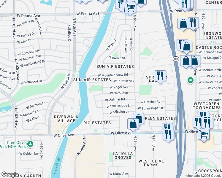 map of restaurants, bars, coffee shops, grocery stores, and more near 9662 West Vogel Avenue in Peoria