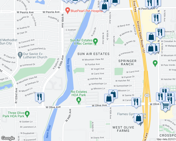 map of restaurants, bars, coffee shops, grocery stores, and more near 9662 West Vogel Avenue in Peoria
