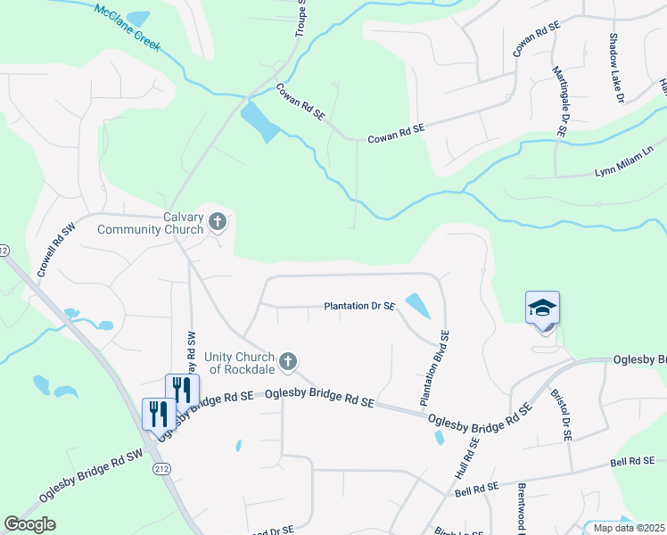 map of restaurants, bars, coffee shops, grocery stores, and more near 1076 Plantation Boulevard Southeast in Conyers