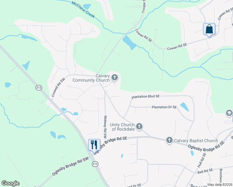map of restaurants, bars, coffee shops, grocery stores, and more near 1080 Wedgewood Drive Southeast in Conyers