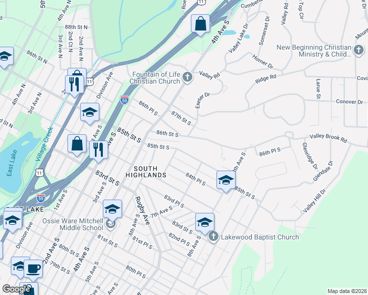 map of restaurants, bars, coffee shops, grocery stores, and more near 608 86th Street South in Birmingham