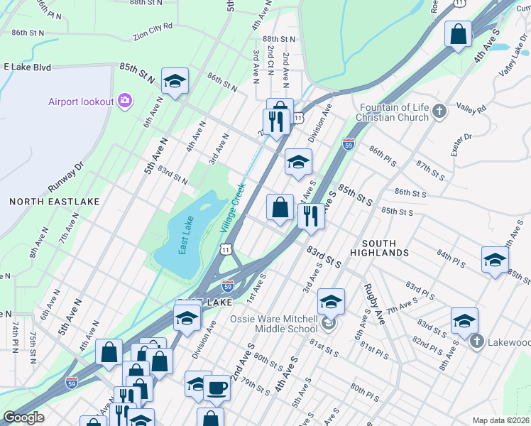 map of restaurants, bars, coffee shops, grocery stores, and more near 8322 Division Avenue in Birmingham