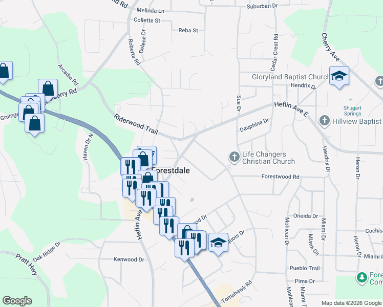 map of restaurants, bars, coffee shops, grocery stores, and more near 516 Heflin Avenue East in Birmingham